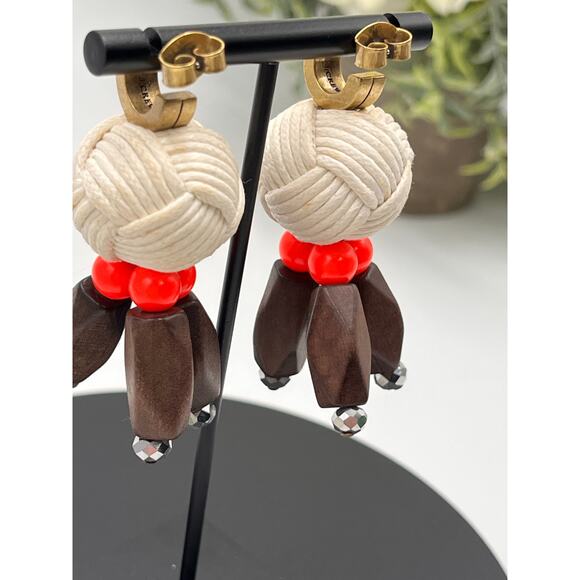 J. Crew Huggie Hoops with Yarn Knotted Ball Wood Beads Dangle  earrings - Picture 4 of 8